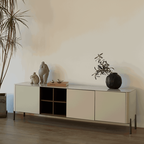Willow White Ceramic-Top TV Stand with Matte Beige Finish for TVs up to 78"