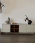 Willow White Ceramic-Top TV Stand with Matte Beige Finish for TVs up to 78"