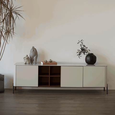 Willow White Ceramic-Top TV Stand with Matte Beige Finish for TVs up to 78"