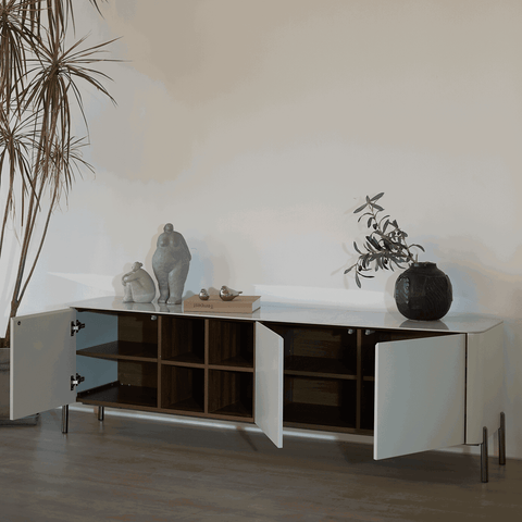Willow White Ceramic-Top TV Stand with Matte Beige Finish for TVs up to 78"