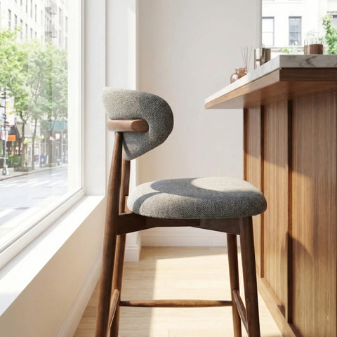Wisby Grey Fabric Wooden Bar Stool