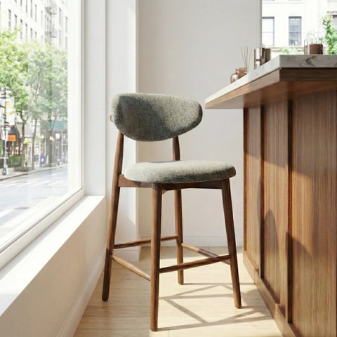 Wisby Grey Fabric Wooden Bar Stool