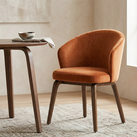 Woodmere Dining Chair, Walnut Effect Ash Solid Wood | Rusty Orange Velvet Fabric
