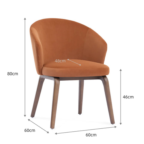 Woodmere Dining Chair, Walnut Effect Ash Solid Wood | Rusty Orange Velvet Fabric