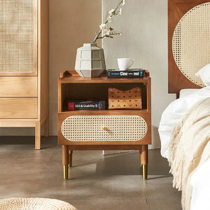 Anya Solid Wood & Rattan Bedside Cabinet - Brown