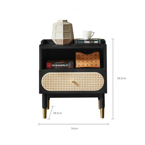 Anya Solid Wood &  Rattan Bedside Cabinet - Black