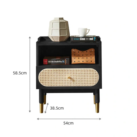 Anya Solid Wood &  Rattan Bedside Cabinet - Black