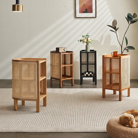 Farrow Solid Wood & Rattan Bedside Table - Walnut