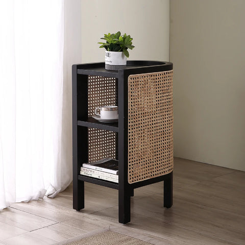 Farrow Solid Wood & Rattan Bedside Table - Black