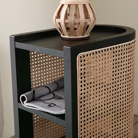Farrow Solid Wood & Rattan Bedside Table - Black