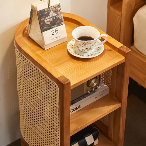 Farrow Solid Wood & Rattan Bedside Table - Brown