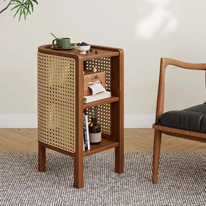 Farrow Solid Wood & Rattan Bedside Table - Walnut