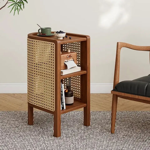 Farrow Solid Wood & Rattan Bedside Table - Walnut