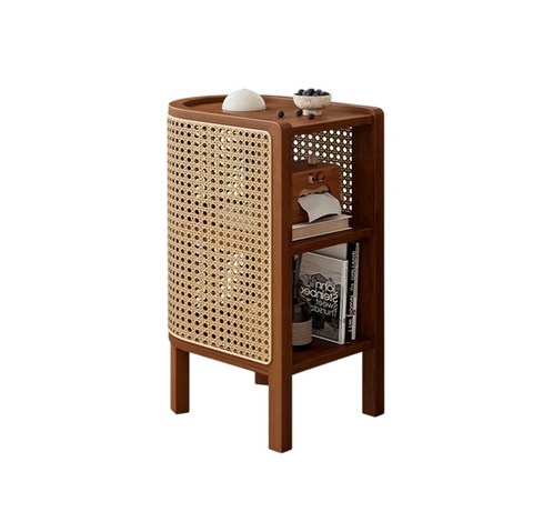 Farrow Solid Wood & Rattan Bedside Table - Walnut