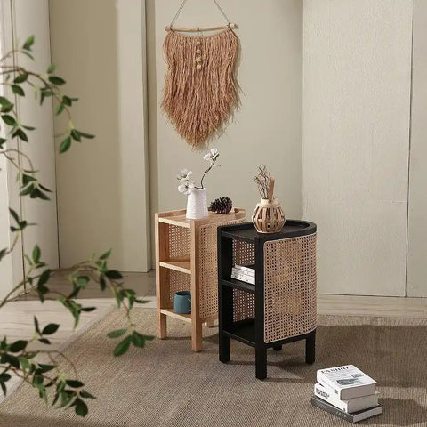 Farrow Solid Wood & Rattan Bedside Table - Black