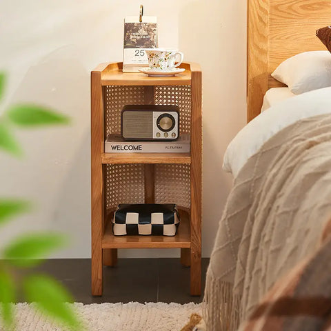 Farrow Solid Wood & Rattan Bedside Table - Brown