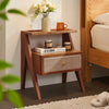 Mina Solid Wood & Rattan Bedside Cabinet - Walnut