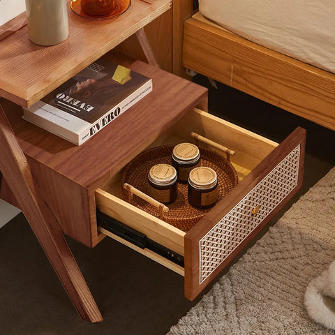 Mina Solid Wood & Rattan Bedside Cabinet - Walnut