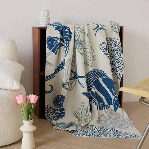 Sea Animal Design 100% Cotton Fine Knit Throw