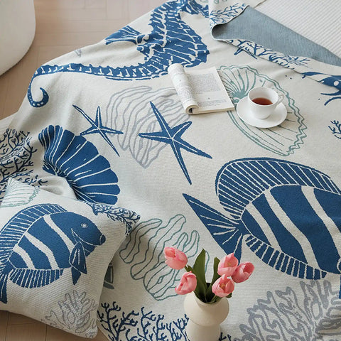 Sea Animal Design 100% Cotton Fine Knit Throw