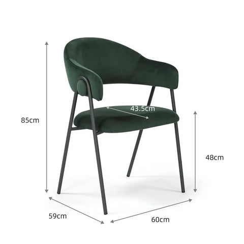 Noah Set of 2 Dark Green Velvet Dining Chairs with Black Metal Frame